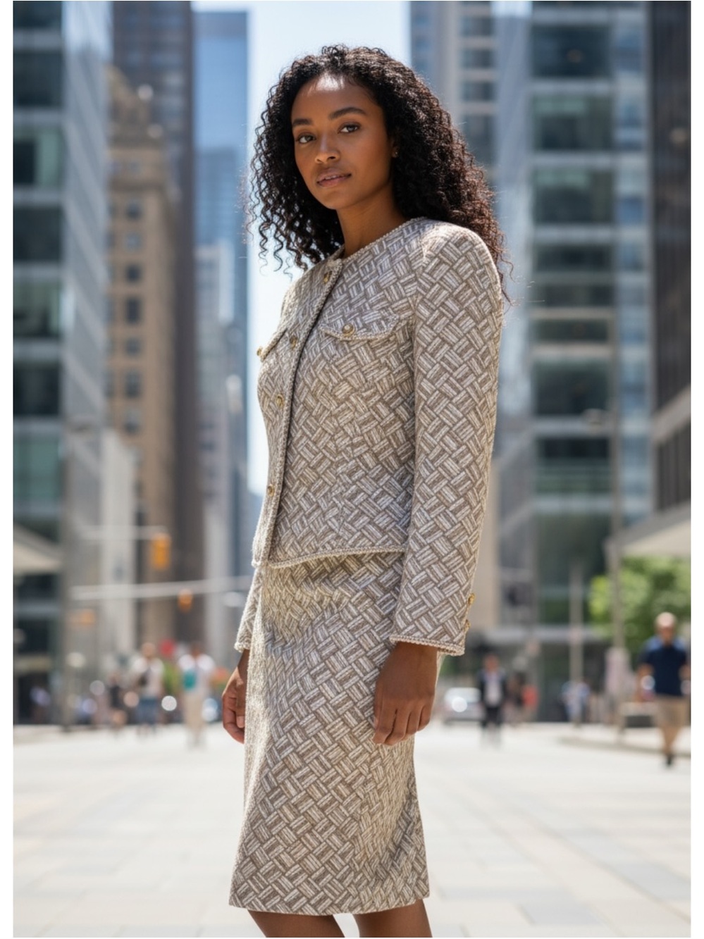 Adrianna Papell Silk Jacket & Skirt Set Geometric Print Size 8 Beige/Brown